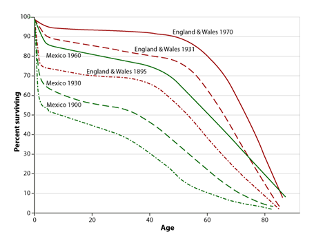 Survival curves of Mexico as well as England and Wales during three periods between 1900 and 1970