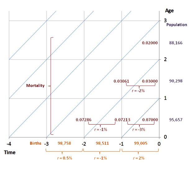 Age-specific growth from past rates 3